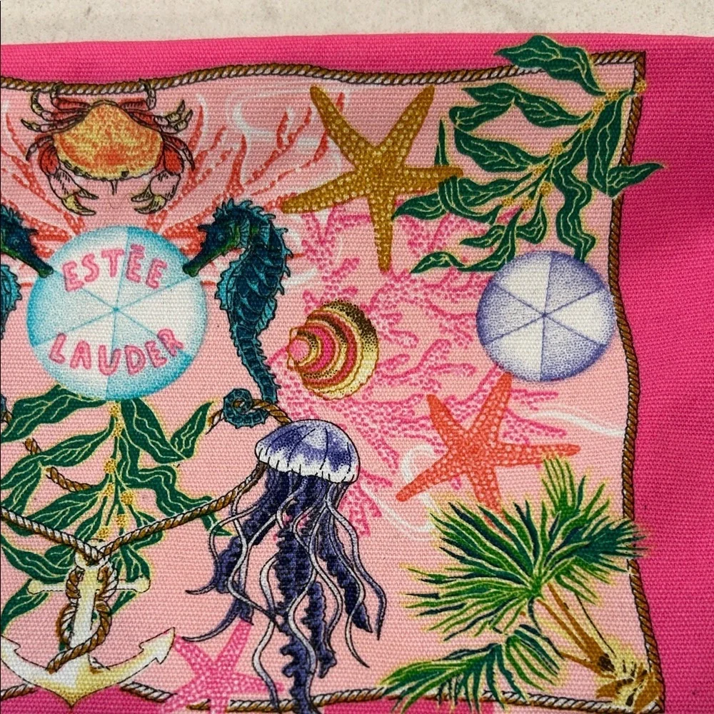 Estee Lauder Vibrant Pink Seahorse Coastal Beach Multicolor Cosmetic Bag NWOT‎
